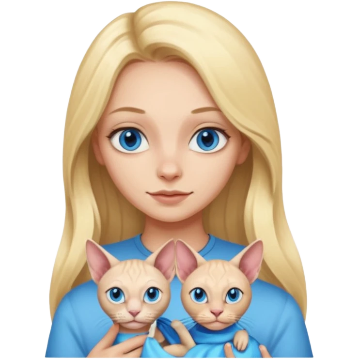 blonde girl with long hair and blue eyes holding a sphynx cat, emoji style emoji