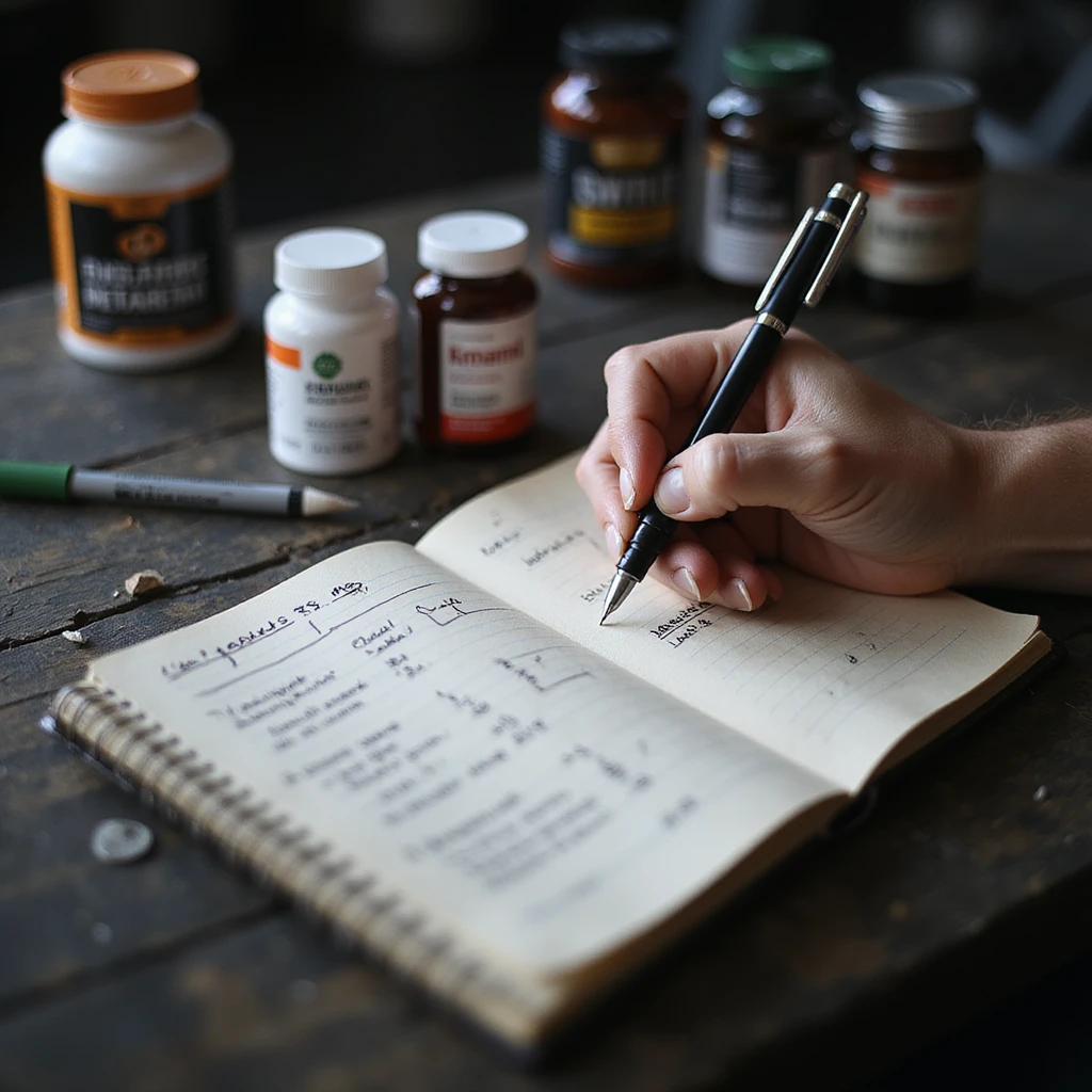Bodybuilding coach filling out a protocol in a notebook, with visible text: 'Ciclo base: testosterone enantato 250 mg/settimana, 8 settimane, tamoxifene 10 mg/die.' Desk with supplements and pen, gym environment, hyperrealistic 4K details. emoji
