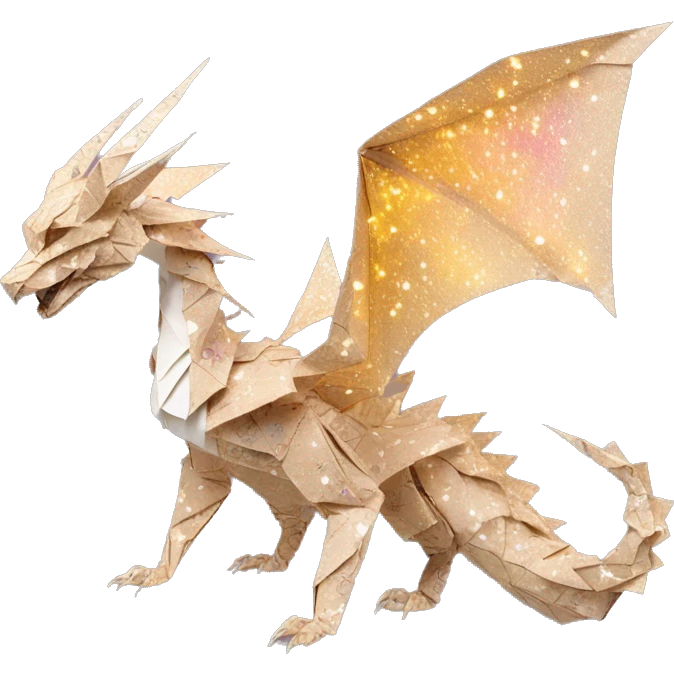 Sparkling patterned Beige Origami dragon with made of newspapers intricate patterns surrounded by fairy lights nebula galaxy stars swirls iridescent on fire covered in dried flowers emoji