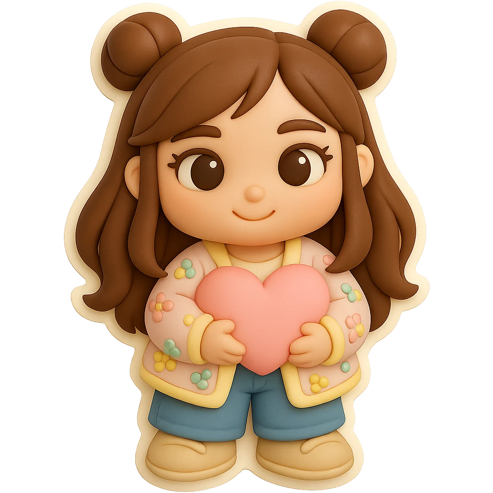 3D chibi fondant cake art style, high-quality rendering with smooth shadows and soft gradients. Girl based on reference image with preserved facial features and eye shape, long brown hair in two space buns, brown eyes, jeans, pastel floral cardigan, shoes, thick white outline like a sticker, transparent background. Holding a big soft pink heart in her hands, looking sweet and kind. Ensure the face, hairstyle, eye shape, and shoes match the reference exactly. emoji