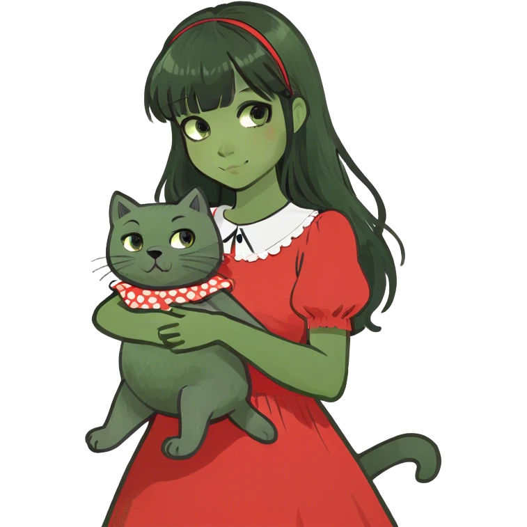 girl,black eyes,red cheeks,long black hair with bangs,holds a British grey cat and a brown teddy bear emoji