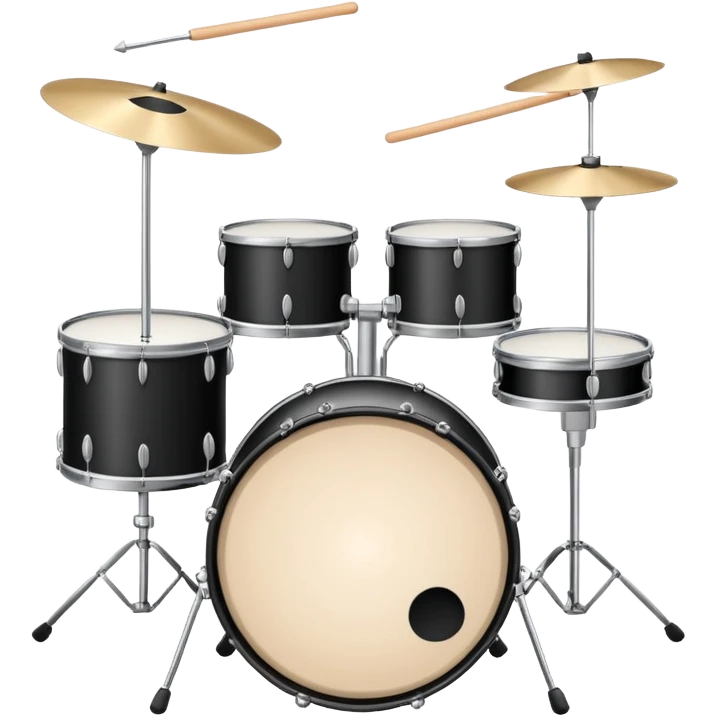 Minimalistic flat vector icon, iOS style, thin black contour on white background. Drum set with two drumsticks above. Clean, no text, no shadows emoji