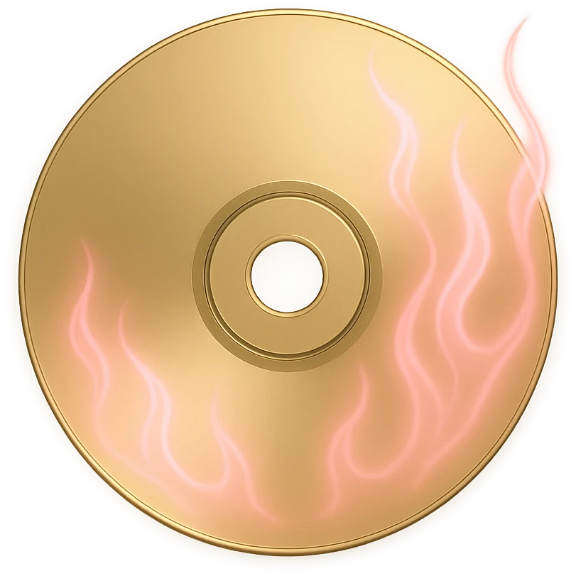 A minimalist CD disc with subtle pink flames, glowing effect, variation 2, style: general, shape: square, color: gold emoji