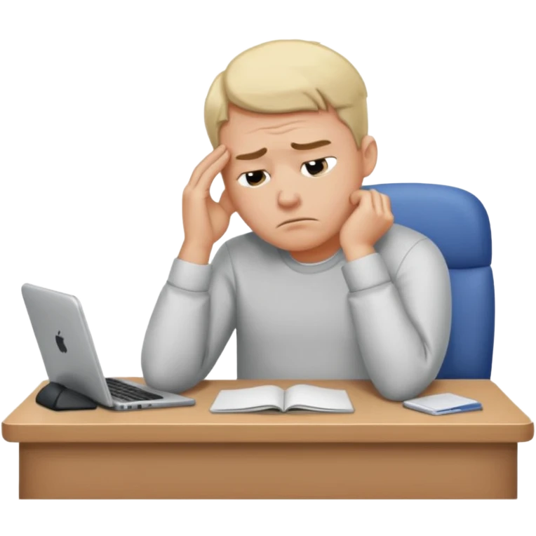 A man wearing a shirt with slumped posture, sitting at a desk, iOS emoji style emoji