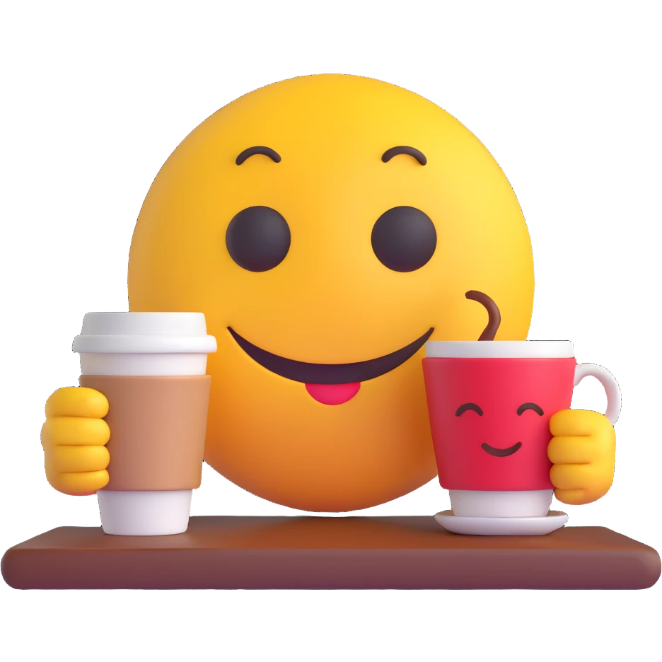3D smiley emoji, round shape, student studying with coffee, brown color, tired face emoji