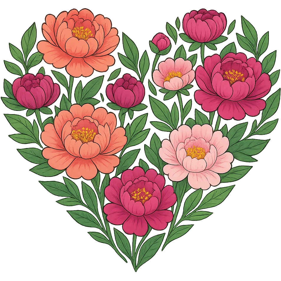 heart with a spring peony garden, clean digital illustration, no background emoji