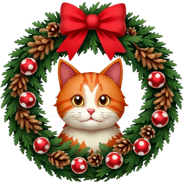 A Christmas wreath made entirely of fir trees, decorated with a red bow at the bottom, pine cones and Christmas tree balls, and a cat poking its face through the hole in the center. emoji