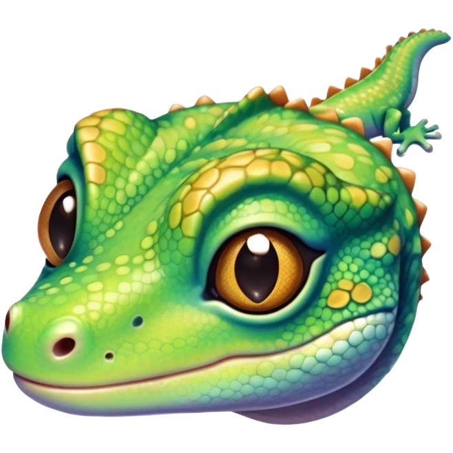 cinematic-cute-realistic gecko-portrait-emoji,-head-tilted-playfully-and-inquisitively,-featuring-a-small,-charming-body-with-smooth,-vividly-patterned-scales,-bright,-sparkling-eyes-and-delicate,-sticky-toe-pads,-simplified-yet-irresistibly-adorable emoji