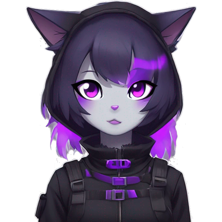 Gorgeous furry gothic dark techwear anime style anthro black cat furry sona Fakemon with blushing face aesthetic and pretty edgy black with violet collar and harness trending style emoji