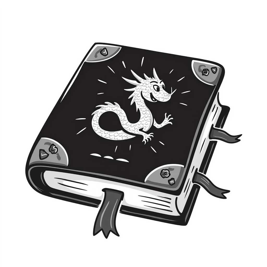 Таинственная книга с кожаной обложкой, на которой выгравировано изображение дракона. Обложка украшена металлическими уголками, древними символами и тиснением. Дракон свернулся в кольцо, его глаза светятся магическим светом. Атмосфера фэнтези, тёмные и насыщенные цвета, ощущение древности и магии. emoji