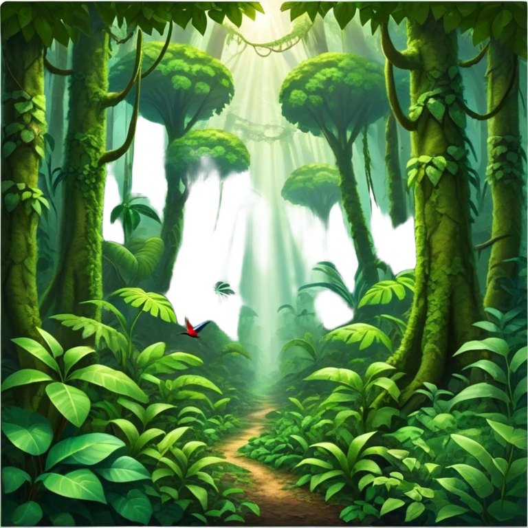 Cinematic Realistic Rainforest Emoji in a frame, Lush and vibrant, filled with towering trees, thick vines, and dense green foliage, sunlight filtering through the canopy above, creating dappled patches of light on the rich, diverse undergrowth. The air is heavy with moisture, with mist rising from the forest floor and distant calls of exotic birds and animals echoing through the trees. Soft glowing outline, capturing the essence of a thriving, untamed tropical paradise filled with life! emoji