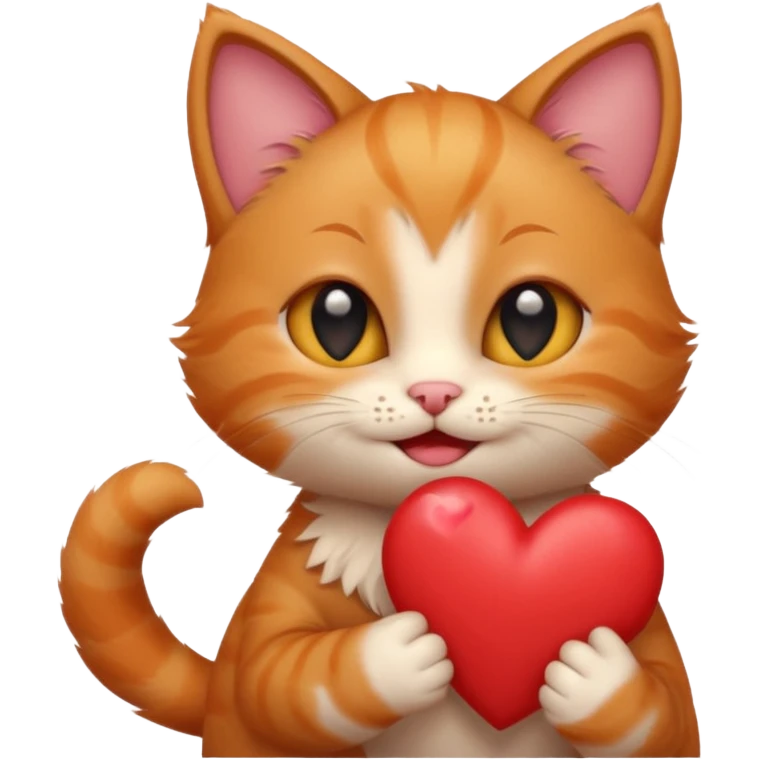The ginger kitten is hugging a heart, very happy and smiling, he has a very beautiful face. emoji