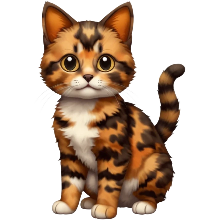 A high-resolution photo-realistic digital illustration of a brown multicoloured  tortoiseshell cat kitten, chest upward (no white) emoji