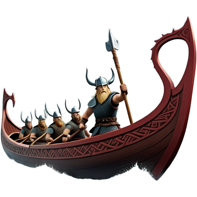 detailed-cinematic-viking-longboat, rendered in a flat, bold vector style with minimal shading, featuring a striking dragon-headed prow slicing through waters. shields on the side and vikings rowing The longboat’s, the boat has carved motifs evoke a sense of epic adventure and Nordic might, with billowing sails catching a dramatic, stormy sky backdrop. emoji