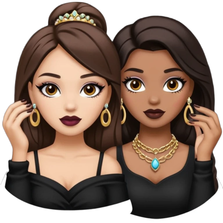 Boujy baddie best friends, trendy heavy makeup both dark hair one light skinned and one mocha brown pretty hair style both wearing black and jewelery  emoji