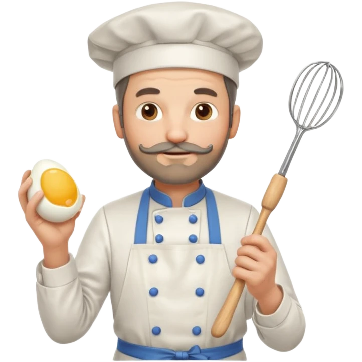 Middle aged male pastry chef - with a small beard, apron, white hat, holding an egg beater in his right hand, and his left hand naturally hanging down to his side emoji