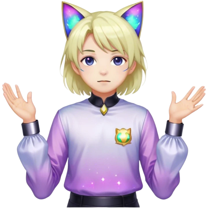 effeminate young colorful nebula femboy man with shiny hair, cat ears, blouse, cute, gorgeous, anime, catboy, full body emoji