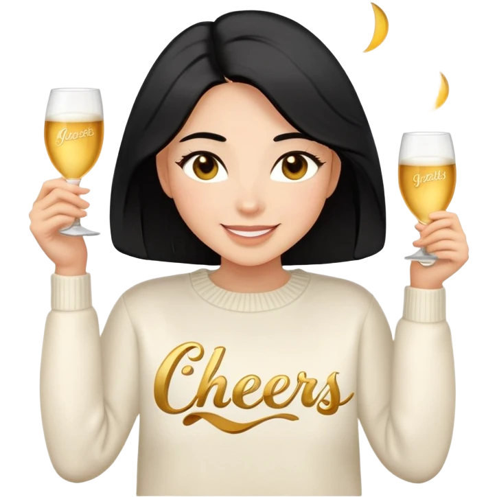 A woman with shoulder-length black hair, light to medium skin tone, full cheeks, and almond-shaped eyes, wearing a white sweater with the word 'cheers' in gold script, lying comfortably on a bed with soft lighting, joyful and radiant expression, emoji style, no drinks. emoji