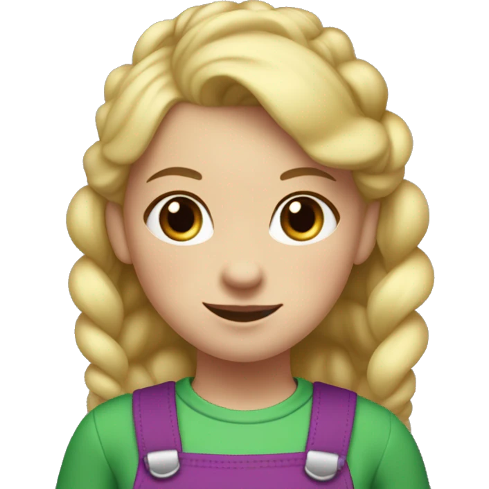 A little blonde girl with pigtails and little purple bows wearing a red long-sleeved shirt and purple overalls with blue tights with green polka dots and purple sneakers. emoji
