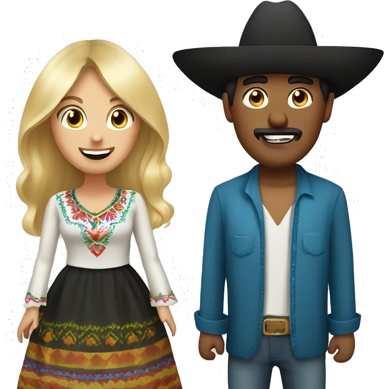 Mexican man with long hair, black eyes and sombrero having fun with russian woman with blonde hair, bangs, blue eyes emoji