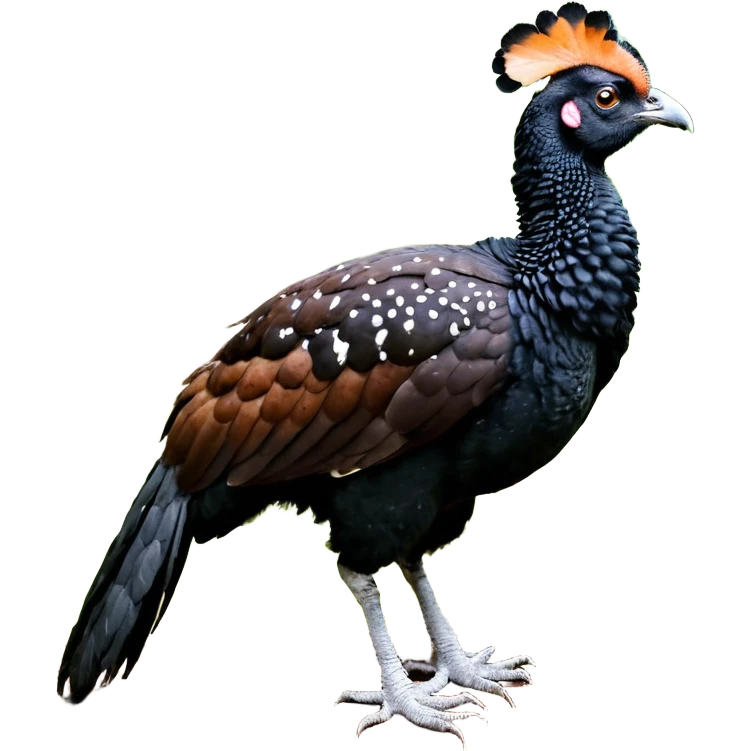A full-body image of a large, dark-colored bird resembling a curassow or guam, standing on a white background. The bird's body is predominantly a rich reddish-brown or chestnut color, with a pattern of fine white speckling or barring emoji