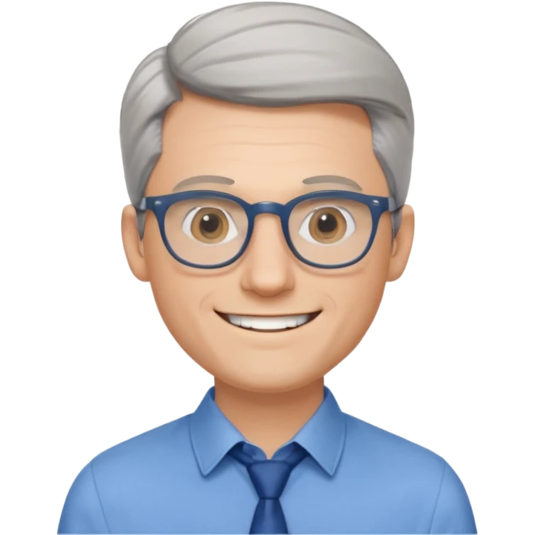 30 yr old pale white man, grey side swept hair, round glasses, big smile, white teeth, handsome, longer hair, thin glasses, blue dress shirt, no tie emoji