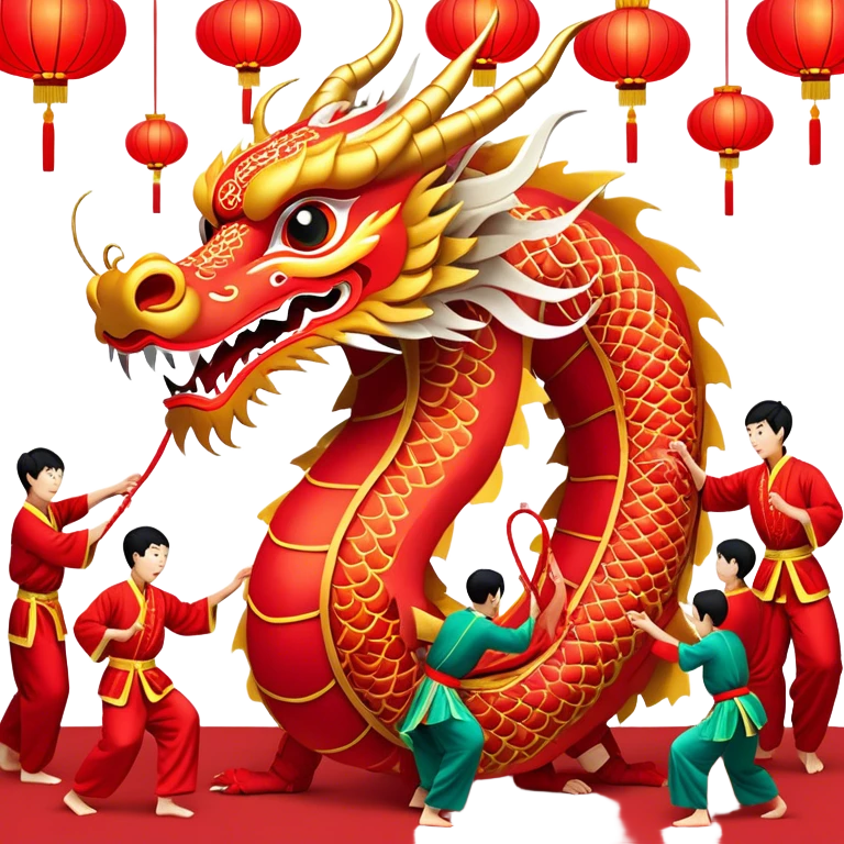 Cinematic Realistic scene of a traditional Chinese Dragon Dance featuring a team of performers skillfully manipulating a colossal, flexible dragon puppet, its intricately detailed, vibrant scales and flowing, embroidered fabric catching the light, set against a festive backdrop of red lanterns and dynamic red-tinged lighting that accentuates the majestic presence of the dragon puppet. emoji