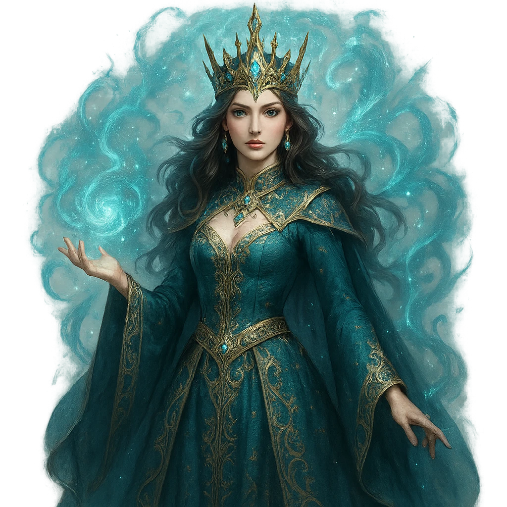 queen, fantasy style, magical aura, ornate dress, mystical crown emoji