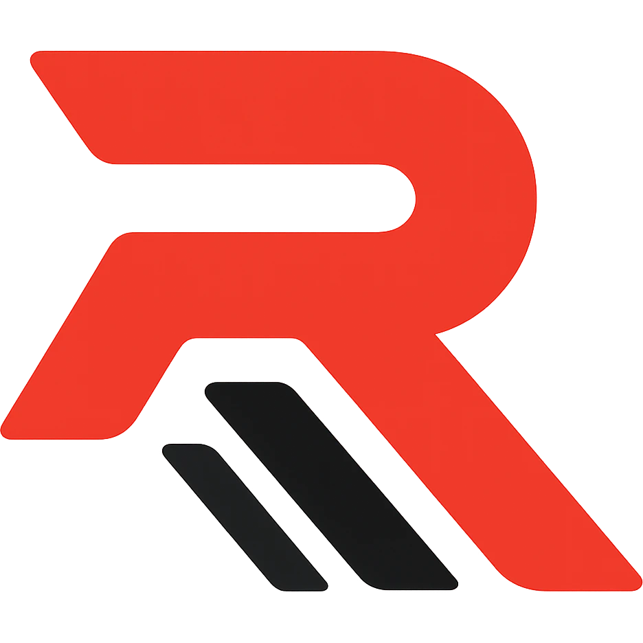Change the logo to a bold and modern style with a red and black color scheme, keeping the design sharp and clean with a transparent background. emoji