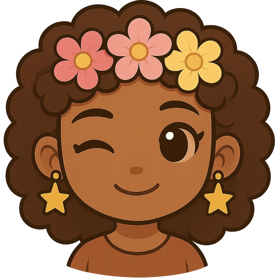 Add a flower crown and star-shaped earrings to the chibi style character, with no background. emoji