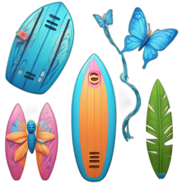 A surfboard Cartoon Blue and orange tiki smiling with butterfly and and Cartoon Blue and pink tiki singing with butterfly and mikrophone emoji