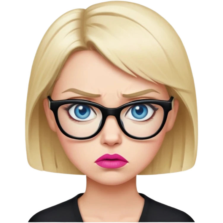 Blonde woman with short hair, blue eyes and pink lips wearing black glasses looking angry emoji