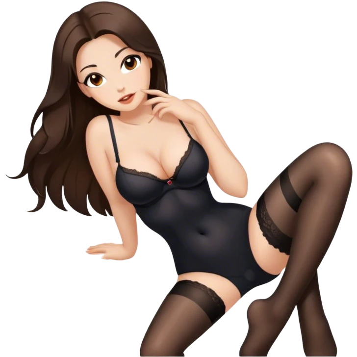Buxom brunette long hair and brown eyes, intimate, sfw black nylon stocking pose emoji