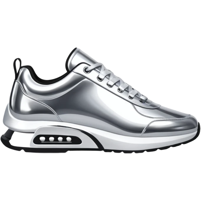 A pair of futuristic sneakers emoji made of silver chrome, sleek streetwear design, smooth metallic panels, subtle reflections, luxury swag aesthetic, iOS emoji style, centered, clean white background emoji