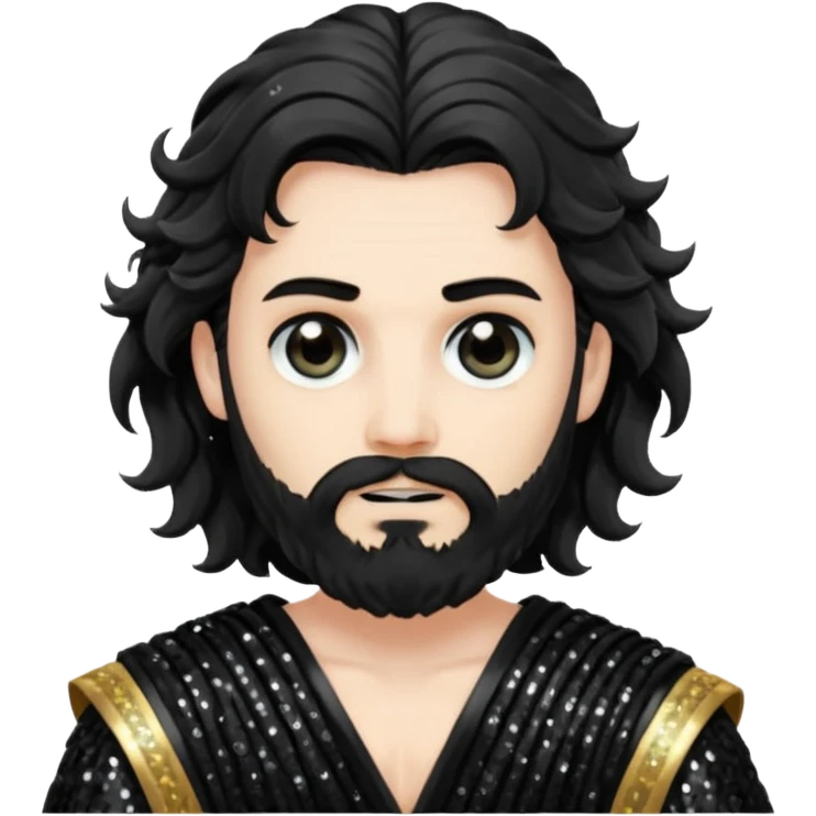 Hades from Greek Gods with long black wavy hair and short beard, black sequin toga emoji
