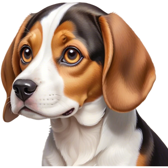 Cinematic Cute Tri-Color Beagle Portrait Emoji, Head tilted playfully and inquisitively, featuring a soft tri-color coat of white, brown, and black with floppy ears, round, sparkling hazel eyes filled with curiosity, Simplified yet irresistibly adorable features, highly detailed, glowing with a warm, friendly glow, high shine, affectionate and lively, stylized with a touch of whimsy, bright and endearing, soft glowing outline, capturing the essence of a mischievous yet loving pup, so playful it feels like it could bound out of the screen and into your arms! emoji