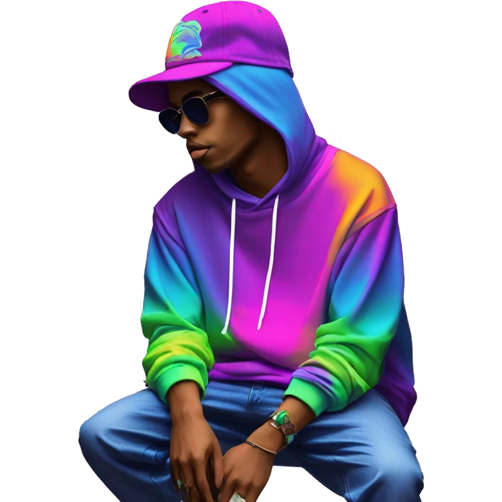 Multicoloured neon person smoking wearing hoodie dancing hip hop bucket hat tropical Skater fashion aesthetic baggy clothes graphic t shirt 420 emoji