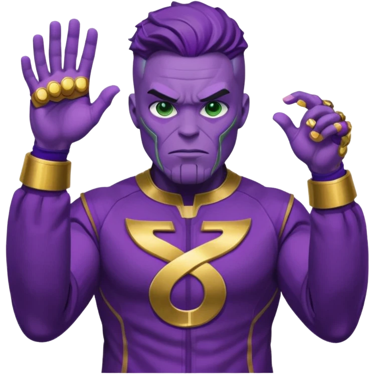 Minimal emoji style T.O.P as Thanos, purple skin, strong jaw, confident mischievous face, green Squid Game Player 230 tracksuit with number, Infinity Gauntlet on one hand, bold lines, bright, playful emoji