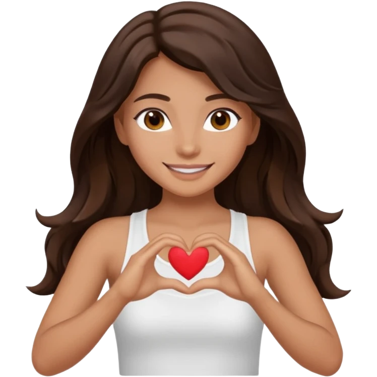 tan wavey dark long brown haired brown eyed girl making a heart with her hands wearing a white tank top with boobs and smiling pretty emoji