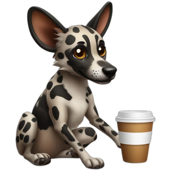 African wild dog holding a coffee emoji