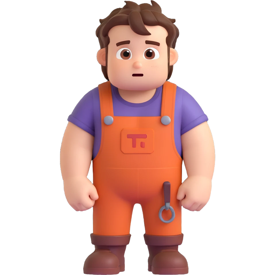 Wreck-It Ralph man with short messy hair, brown overalls, boxy figure with big arms emoji