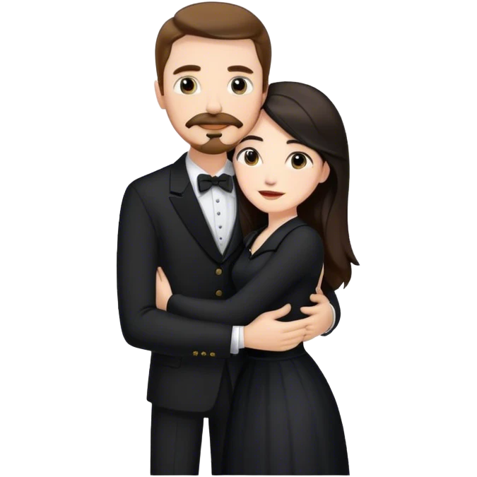 tall white man with brown hair goatee mustache hugging a pale woman with long black hair, wearing black forma clothing emoji