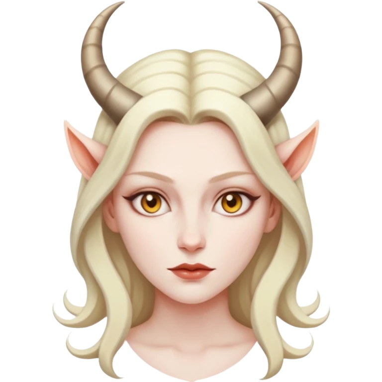 Woman with subtle horns, smooth skin and sharp gaze, divine corruption emoji