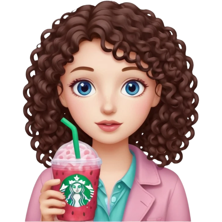 make an emoji of a loose curly brunette, blue-eye girl, wearing light pink drinking a strawberry acai refresher from starbucks emoji