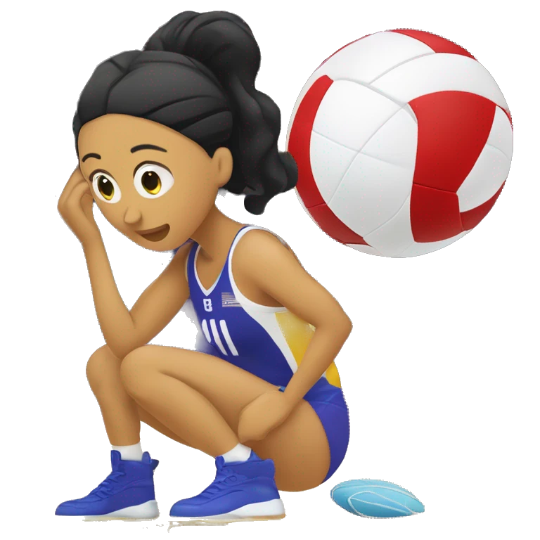 una perona sentada en el piso con una red de voleibol alfrente y un balon de voleibol arriba  emoji