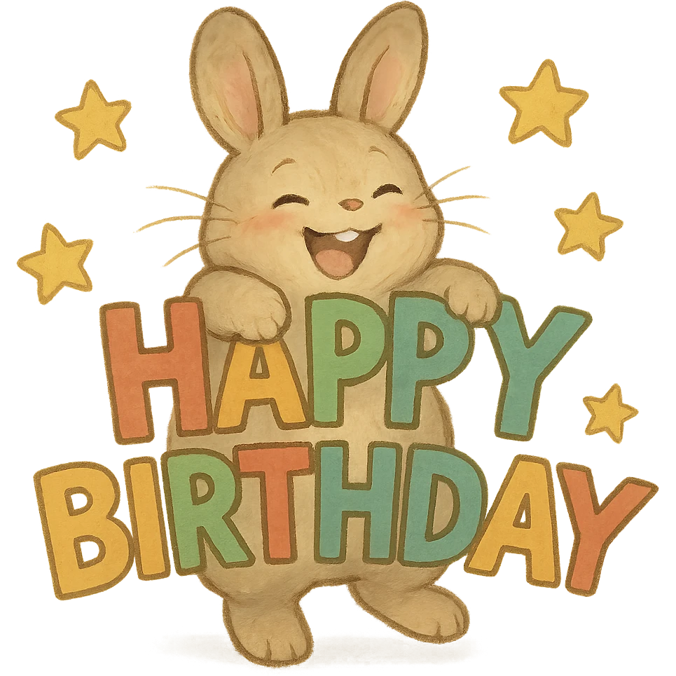 laughing bunny hugging "Happy Birthday" letters with stars, soft Ghibli style, transparent background emoji