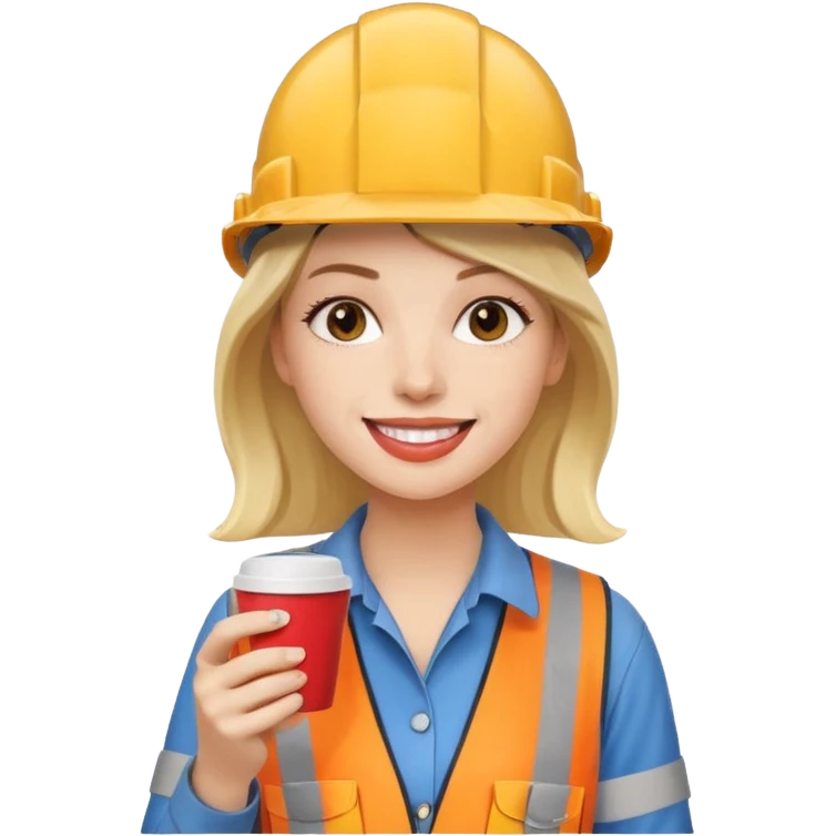 сделай молодую девушку с стаканчиком кофе, в каске, жующую жвачку emoji