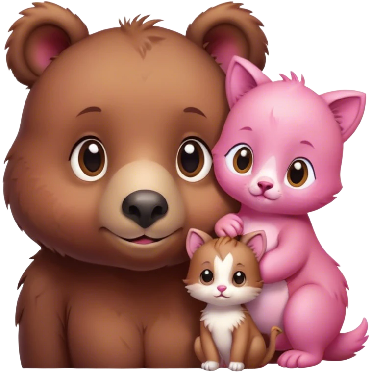 A cute realistic brown bear and a realistic cute pink dodo closely together. Between them there is a cute brown kitten emoji