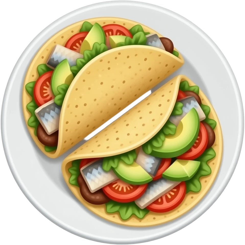 tacos de sardina en pedazos, con aguacate y jitomate servidos en un plato blanco plano emoji
