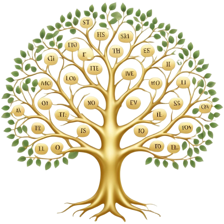 Tree of ancestral connections with ethereal, flowing branches linking generations, dreamy translucent family tree emoji